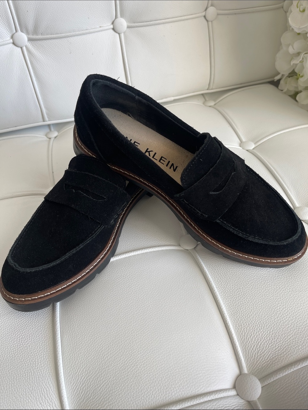 Anne Klein Black Suede Loafers with Brown Welt